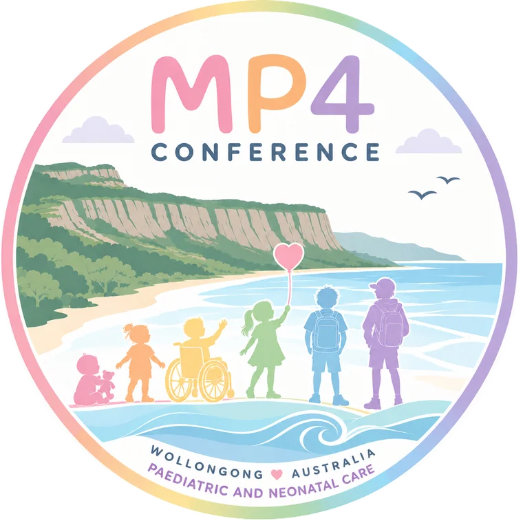 MP4 Conference logo: children on the beach below the Illawarra escarpment. Wollongong, Australia. Paediatric and neonatal care.